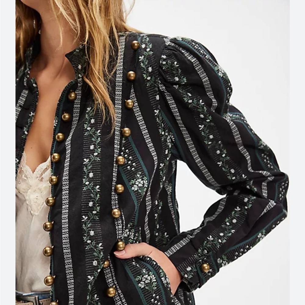 Free People Sorel Cottage Jacket Black Green Victorian Floral Stripe Sz XS NEW - Picture 2 of 13